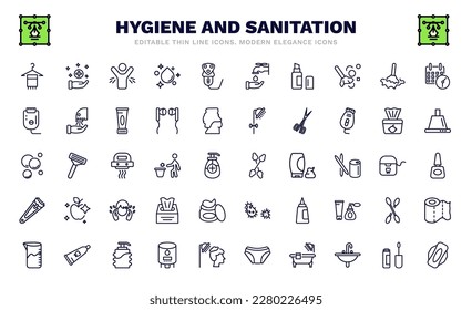 Set von Hygiene- und Sanitäreinrichtungen dünnen Linie Symbole. Hygiene- und Sanitärsymbole wie Gesichtshandtuch, Körpergeruch, Lippenbalsam, Epliator, Bläschen, Baumwollschwabeln, Nagelspitzen, Waschmittel-Dosis, Hygiene