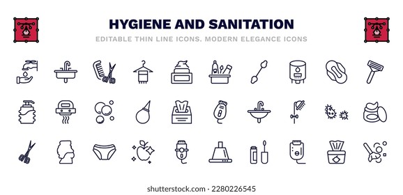 set of hygiene and sanitation thin line icons. hygiene and sanitation outline icons such as ablution, grooming, hygiene kit, shaving razor, bubbles, epilator, nail scissors, food dolled up, dust