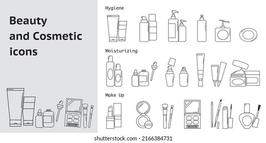 Icono conjunto de productos de higiene, cuidado de la piel y maquillaje. Colección de iconos de línea de concepto de belleza y cosmética. Ilustración vectorial.