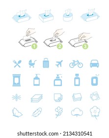 Set of hygienic icons for wipes. Vector illustration isolated on white background. Easy to use for presentation your product, design. Editable stroke outline. EPS10.	