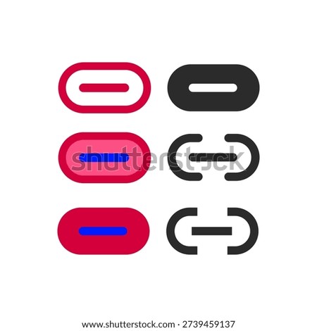 Set of hyperlink and link connection icons for web and app interfaces. Flat vector illustration of oval chain link symbols in red, pink, blue, and black styles.