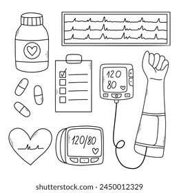 Conjunto de Elementos de hipertensión. Hipertensión en la colección Doodle. Ilustración vectorial.