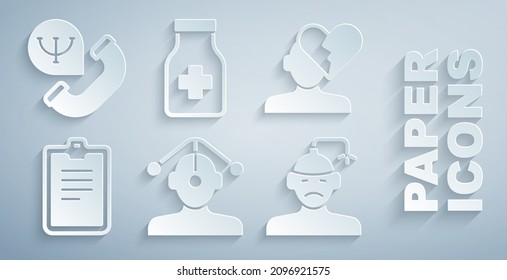 Set Hypnosis, Broken Heart Or Divorce, Psychological Test, Concussion, Headache, Sedative Pills And Online Psychological Counseling Icon. Vector