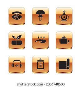 Set Hypnosis, Headphones for meditation, Clipboard with checklist, Acupuncture therapy, Medical pill plant, Oil bottle, Fitness mat roll and Mushroom icon. Vector