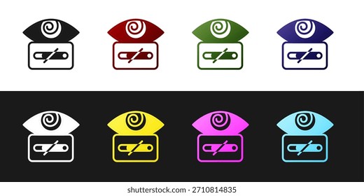 Conjunto icono de hipnosis aislado en fondo blanco y negro. Ojo humano con iris hipnótico en espiral.  Vector