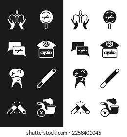 Set Hypnosis, No smoking, Lungs, Tooth with caries, Cigarette, Smoking pipe smoke and Broken cigarette icon. Vector