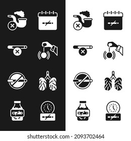 Set Hypnosis, No smoking, Smoking pipe with smoke, days, Disease lungs, time and Nicotine gum blister pack icon. Vector