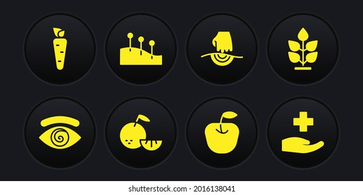 Set Hypnosis, Plant, Citrus fruit, Apple, Massage, Acupuncture therapy, Cross hospital medical and Carrot icon. Vector