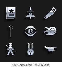 Set Hypnosis, Rabbit with ears, Magic lamp or Aladdin, Fireball, Voodoo doll, wand, Hand saw and Ancient magic book icon. Vector