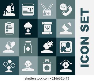 Set Hypnosis, Solution problem in psychology, Psychology, Depression and frustration, Psychological test, Alcoholism and book icon. Vector