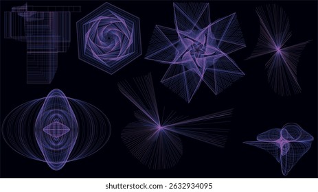 Conjunto de formas geométricas abstratas coloridas hipnóticas. Fundo fractal para design criativo. Adequado como pano de fundo para projetos relacionados com ciência e tecnologia. Ilustrações vetoriais editáveis.