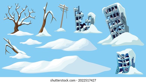 Set of ice age. Cartoon game objects mountains of snow and buildings. Frozen city, destroyed towns after storm. Aftermath of natural disaster. Vector illustration.