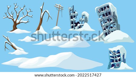 Set of ice age. Cartoon game objects mountains of snow and buildings. Frozen city, destroyed towns after storm. Aftermath of natural disaster. Vector illustration.