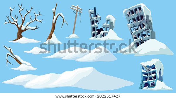 Set of ice age. Cartoon\
game objects mountains of snow and buildings. Frozen city,\
destroyed towns after storm. Aftermath of natural disaster. Vector\
illustration.