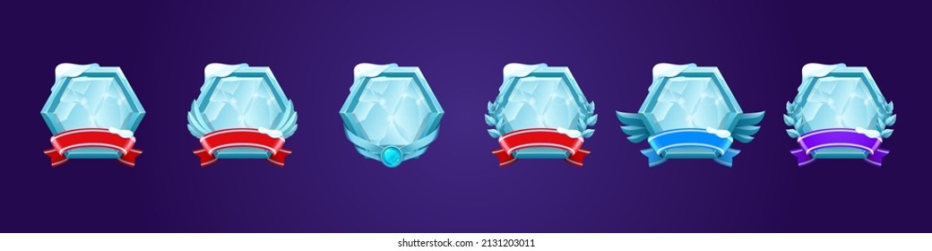 Set of ice award badges, ranking game level ui icons. Empty frozen hexagon shields with banners, wings or laurel wreaths, isolated bonus, rank frames graphic design, reward, trophy vector elements set