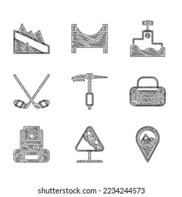 Set Ice axe, Road sign avalanches, Location with mountain, Sport bag, Hiking backpack, hockey sticks, Award winner podium and Mountain descent icon. Vector