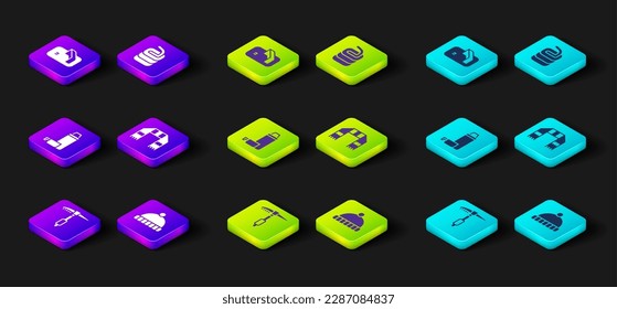 Set Ice axe, Winter hat, Thermos container, scarf, Stone for curling and hockey goal icon. Vector