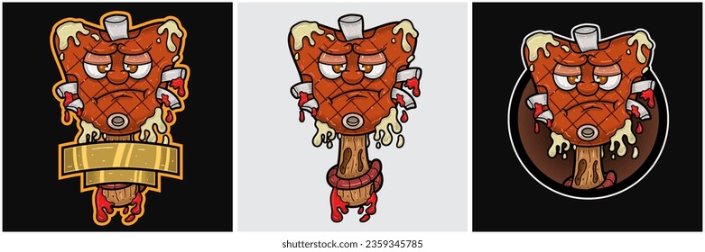 Juego De Caricaturas De La Mascota De Carne De Carne De Hielo Con Cara Triste. Para la comida, la carne, la barbacoa y el logotipo de la carne. Ilustraciones de vectores.