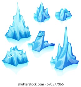 A set of ice blocks, hills and peaks of icebergs isolated on white background. Cartoon vector illustration close-up.