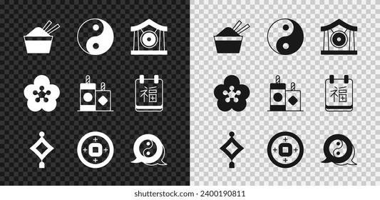 Set ice in a bowl with chopstick, Yin Yang symbol, Gong musical instrument, Chinese paper lantern, Yuan currency, Lotus flower and Firework icon. Vector