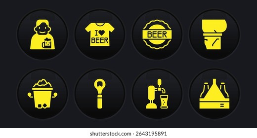 Set Ice bucket, Beer belly, Bottle opener, tap with glass, cap beer, T-shirt, Pack of bottles and Happy man icon. Vector