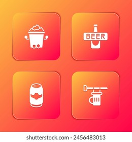 Set Ice bucket, Beer bottle, can and Signboard with glass of beer icon. Vector