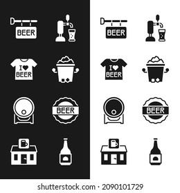 Set Ice bucket, Beer T-shirt, Street signboard with, tap glass, Wooden barrel on rack, Bottle cap beer, bottle and Store building of shop icon. Vector