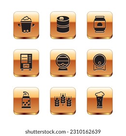 Set Ice bucket, Bottle opener, Wheat, Wooden barrel on rack, Vending machine, Beer can, Glass of beer and Metal keg icon. Vector