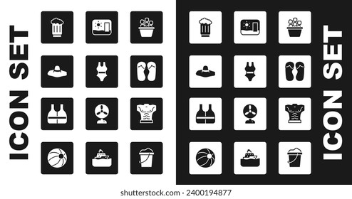 Set Ice bucket, Swimsuit, Elegant women hat, Wooden beer mug, Flip flops, Travel postcard, Bodybuilder muscle and Life jacket icon. Vector
