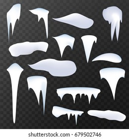 Set of ice caps icicles. Vector winter decor.