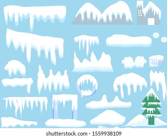Set of ice caps.Set of snow caps, icicles, snowball and snowdrift.Ice and snow clinging to houses, mountains and Christmas trees after winter snow.Winter on Christmas Day.