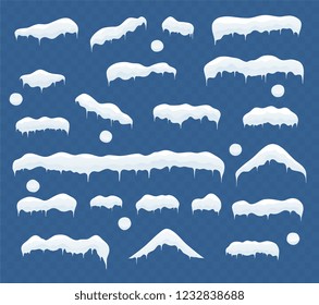 Set of ice caps. Snowballs, snowdrifts, icicles, elements winter decor on transparent background.