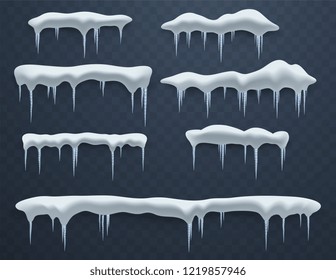 Set of ice caps. Snowdrifts, icicles, elements winter decor, ice decorations. Realistic snow masses.