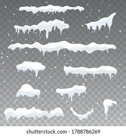 Set of ice caps. Snowdrifts, icicles. Snow cap vector collection. Winter decoration element. Snowy elements