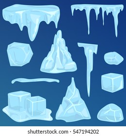 Set of ice caps snowdrifts and icicles elements winter decor vector.