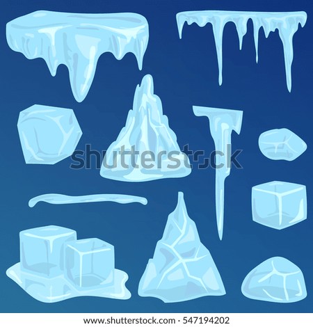 Set of ice caps snowdrifts and icicles elements winter decor vector.