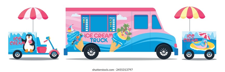 Set of ice ceam truck, cart and scooter. Mobile refrigerator for selling ice-cream on the street. Weeled vehicle with icebox. Transportable cold storage with frozen gelato. Vector object, sign, symbol svg