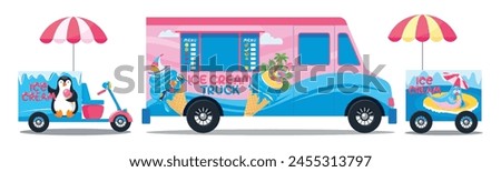 Set of ice ceam truck, cart and scooter. Mobile refrigerator for selling ice-cream on the street. Weeled vehicle with icebox. Transportable cold storage with frozen gelato. Vector object, sign, symbol