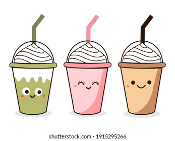 Set of ice coffee, fruit or yogurt smoothie, green tea icons on white background vector illustration. Cute cartoon character.