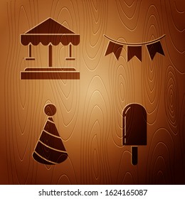 Set Ice cream, Attraction carousel, Party hat and Carnival garland with flags on wooden background. Vector