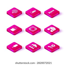 Set Ice cream, Attraction carousel, Magician hat and rabbit ears, Ticket, Hand holding playing cards, Circus tent, High striker attraction with big hammer and Firework rocket icon. Vector