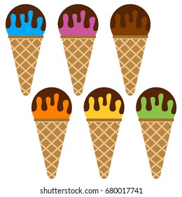 Set of ice cream balls with chocolate in a waffle horn. Vector illustration.
