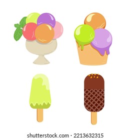Set of ice cream balls in a cup, ice cream on a stick. Vector drawing on a white isolated background. Illustration in flat cartoon style.