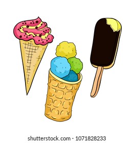 set ice cream balls in a waffle glass  vector illustration