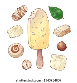 Set ice cream banana candy chocolate nuts. Hand drawing. Vector illustration