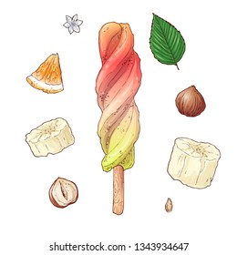 Set ice cream banana orange nut. Hand drawing. Vector illustration