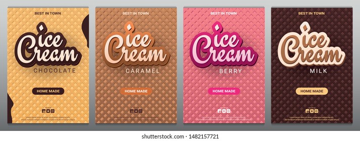 Set of Ice Cream banners with wafer background. Cafe menu, ice cream dessert poster, food packaging design