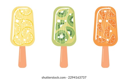 Set of ice cream bar in flat style.Orange, lemon and kiwi.Colorful summer frozen desserts bottom border on a white background.Print on fabric and paper.Vector isolated illustration.