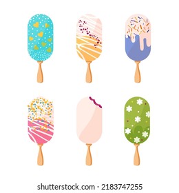 Conjunto de Ice Cream Bar en Many Flavor. Los helados son de chocolate, vainilla, matcha y fresa con varias compras. Vector de postre de verano ilustración plana aislada en fondo blanco