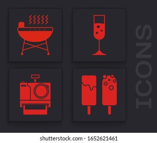 Ponemos helados , barbacoa asador , Vidrio de champán e icono de la cámara fotográfica. Vector